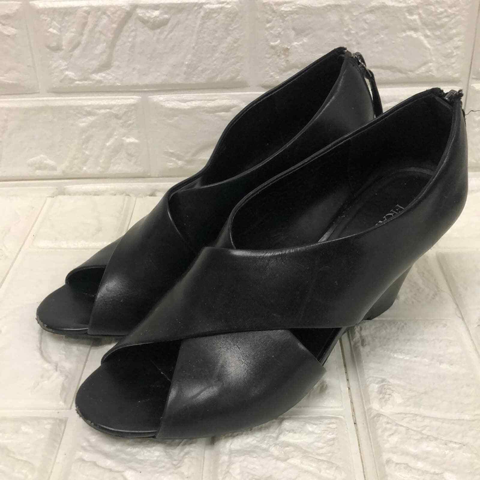 Primary image for FRANCO SARTO Black Leather Open Toe Wedge Heel Shoe Sandal Giselle Women Sz 8.5