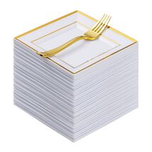 Goodluck 120PC Gold 6.5" Square Plastic Dessert Plates &amp; 7.4" Forks - $61.43