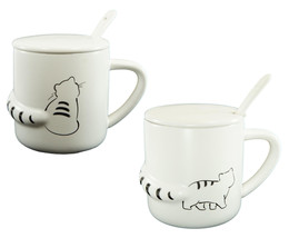 Pack Of 2 Black White Abstract Cats 3D Tail Coffee Mugs With Lid And Spoon 12oz - £22.08 GBP
