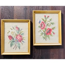 Vintage 1940&#39;s Floral Needlepoint Framed Wall Art Set Of Two - £26.90 GBP