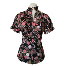 Pink Tartan Floral Shirt, Size 8, Short Sleeves, Ruffle Front, Button Front - £21.79 GBP