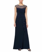 Alex Evenings Petite Beaded Illusion-Neck Cascade Gown Navy Size 12P $229 - $98.01