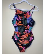 Jessica Simpson One Piece Swimsuit Size L Tropical Keyhole Back Black - $20.44 CAD