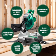 10-Inch Compound Miter Saw with Single Bevel, 15-Amp Motor, and Large Ta... - £122.54 GBP
