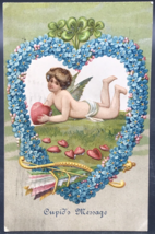 1912 Valentine Cupid&#39;s Message Hearts Blue Flowers Four Leaf Clover Postcard - £6.14 GBP