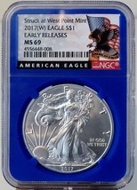 2017 $1 American Silver Eagle NGC MS69 Early Releases Black ER Label Blue Core - $57.97