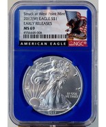 2017 $1 American Silver Eagle NGC MS69 Early Releases Black ER Label Blu... - $57.97
