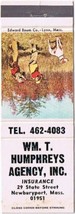 Matchbook Cover WM T Humphreys Agency Insurance Newburyport Massachusetts - $2.17