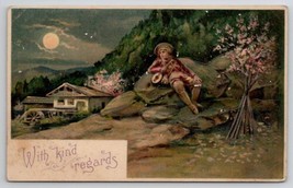 Greetings Boy With Mandolin Under Moon Lit Skies Kind Regards Postcard O23 - $7.95