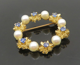 14K GOLD - Vintage Shiny Pearls &amp; Sapphire Floral Wreath Brooch Pin - GB009 - £449.41 GBP