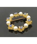 14K GOLD - Vintage Shiny Pearls &amp; Sapphire Floral Wreath Brooch Pin - GB009 - $562.33