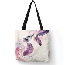 Watercolor Painting Feather Women Eco Linen Tote Bag Foldable Reusable Storage P - £13.93 GBP