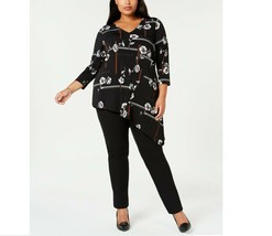 Alfani Women Plus 1X Black Floral Swing V Neck 3/4 Sleeve Tunic Top NWD BN71 - £15.65 GBP