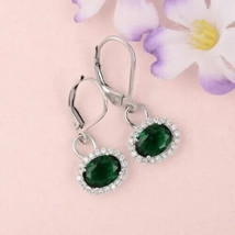 4Ct Oval Cut Simulated Green Emerald Halo Dangle Earrings 14K White Gold Plated - £37.47 GBP