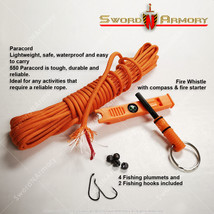 25’ 550 Paracord Rope Orange Firecord Fishing Hooks Survival Tool Plummets - £10.08 GBP