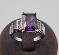 Emerald Cut Simulated Amethyst &amp; CZ 925 Silver Statement Ring - Size 10 - $24.18