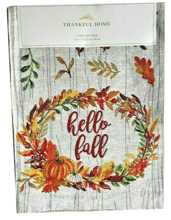 Primary image for Hello Fall Wreath Table Runner Tapestry 13x72" Thanksgiving Harvest Fall Colors