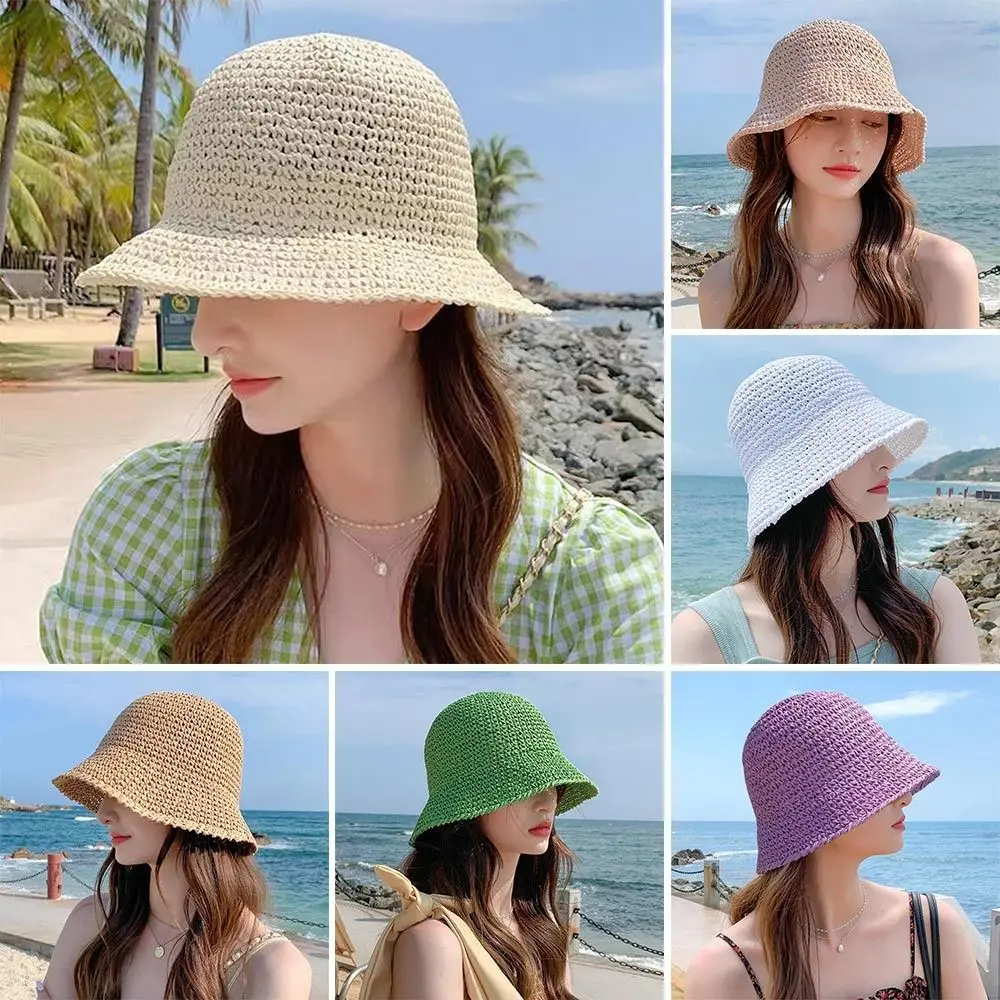 Breathable Straw Bucket Hat Women UV Protection Wide Brim Beach Cap Portable - £12.77 GBP