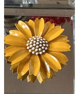 Vintage Signed Crown Trifari Yellow Flower Metal Enamel Brooch Pin - £47.18 GBP