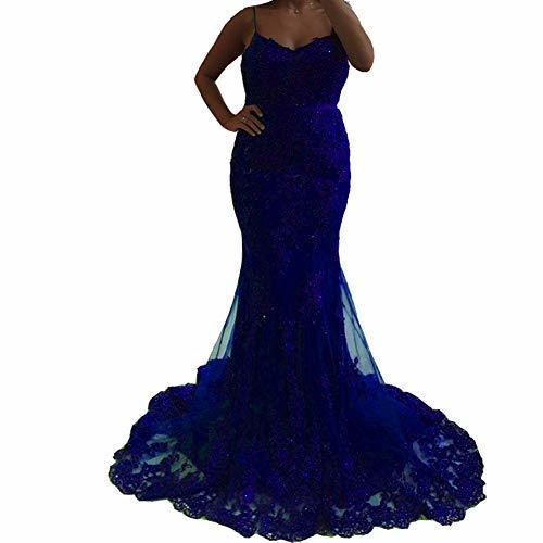 Spaghetti Mermaid Long Beaded Lace Appliques Prom Evening Dress Royal Blue US 10