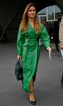 Green leather long coat Women designer green leather dress long flare co... - $574.19+