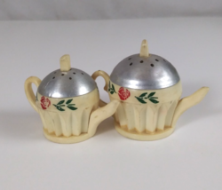 Vintage Rose Design Teapot Plastic Salt &amp; Pepper Shakers - $7.75