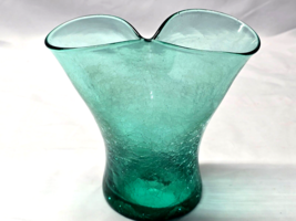 Vintage BLENKO Hand Blown Ocean Blue-Green CRACKLE Art Glass 6&quot; Pinched ... - £29.73 GBP