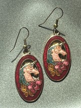 Large Red Oval Enamel w Pink &amp; Blue Unicorn Cloisonne Goldtone Dangle Earrings - £10.46 GBP