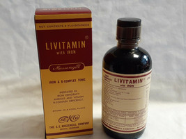 Vtg Drug Store Pharmacy Dark Brown Glass Bottle Livitamin With Iron In Box - $29.95