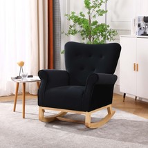 Mid Century Fabric Rocker Chair With Wood Legs And Velvet - Black - £171.79 GBP