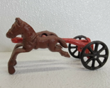 Vintage Cast Iron Horses w/ Two Wheeled Cart Red Brown Black - £13.40 GBP