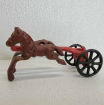 Vintage Cast Iron Horses w/ Two Wheeled Cart Red Brown Black - £13.15 GBP