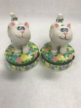 Vintage pair Whimsical Cat Trinket box hinged pill case floral 3 inch China - £28.99 GBP