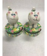 Vintage pair Whimsical Cat Trinket box hinged pill case floral 3 inch China - £28.93 GBP