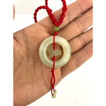 Light Green Jade Circle with Small Lion Pendant Red Cord Necklace Natural Stone - £13.44 GBP