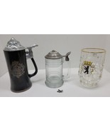 3 Vtg Glass Beer Stein Mug Lot Pewter Lid VIP Berlin Germany Crest Fort ... - $53.06 CAD