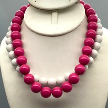 Vintage Pair of Stretch Bead Chokers, Hot Pink and White Beaded Strands, Lot Bun - £19.33 GBP