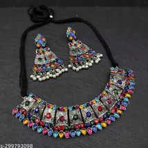 Antique Oxidised Silver Plated Jewelry Stone Party Wear Set Adjustable Kundan a - £5.52 GBP