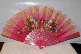 FAN ( SMALL HAND TYPE FAN ) WITH FLOWERS FLOWER BUTTERFLY BUTTERFLIES PI... - £6.32 GBP