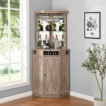 Mini Bar Corner Liquor Cabinet Wine Storage Stemware Rack Lower Cabinet Gray New - £424.07 GBP
