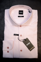 HUGO BOSS Uomo Max Sharp Fit Facile Ferro Elasticizzato Cotone Rosa Camicia 39 - £50.67 GBP