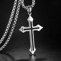 Silver Black Double Layer Cross Pendant Men&#39;s Christian Necklace Chain 24&quot; Gift - £7.09 GBP