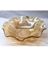JEANNETTE 11.5&quot; Fruit Bowl IRIS &amp; HERRINGBONE Carnival Marigold Peach Lu... - $27.12 CAD