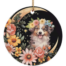 Cute Australian Shepherd Puppy Dog Moon &amp; Flower Christmas Ornament Ceramic Gift - £11.06 GBP