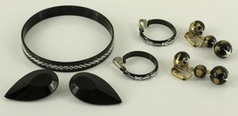 Vintage HONG KONG Black Lot Costume Jewelry 1960s MOD Bracelet &amp; Clip Earrings - £19.42 GBP