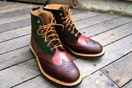 Handmade Men&#39;s Boots Multi Color High Ankle Premium Quality Leather Brogue Toe  - £126.01 GBP