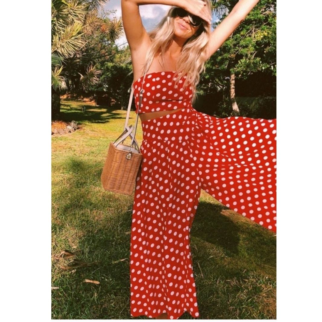 New Free People Courtney Spot Wide Leg Pants Set $128 X-SMALL Red Polka Dot - $88.20
