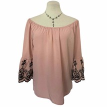 Soho Jeans New York &amp; Company Pink Embroidered 3/4 Bell Sleeve Top Women... - £19.75 GBP