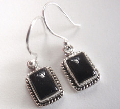 Very Small Black Onyx Rectangle 925 Sterling Silver Earrings Rope Style Accents - $11.69