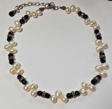 freshwater cultured pearl black glass beads and sterling silver choker n... - $148.50